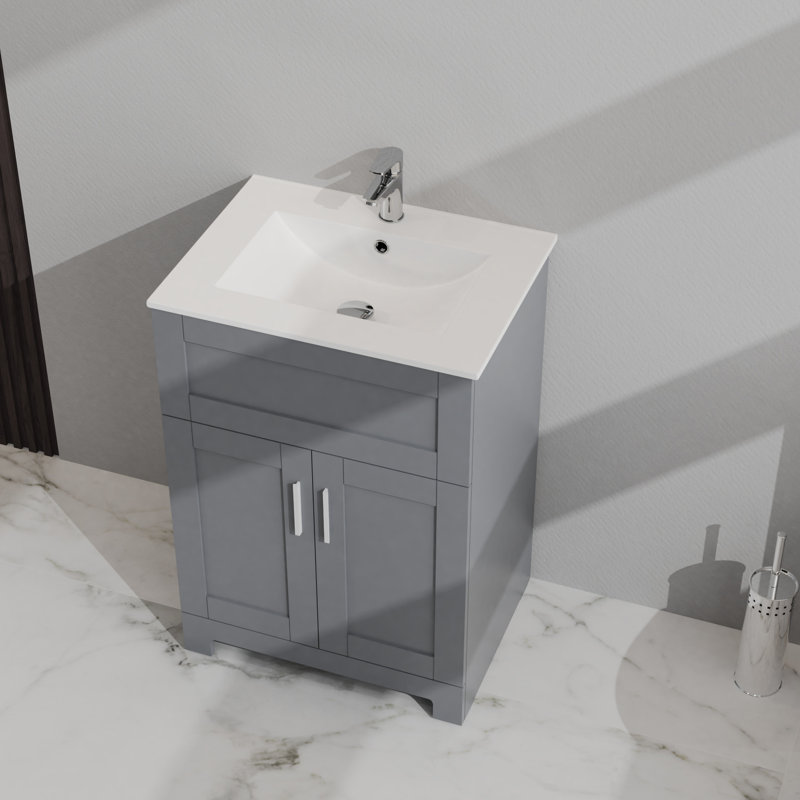 24 po Meuble de lavabo pour salle de bain, gris - Rangement fonctionnel à deux portes supérieur tendance moderne Installation facile - Buanderie en céramique pour meuble-lavabo et motif élégant Deux portes spacieuses pour