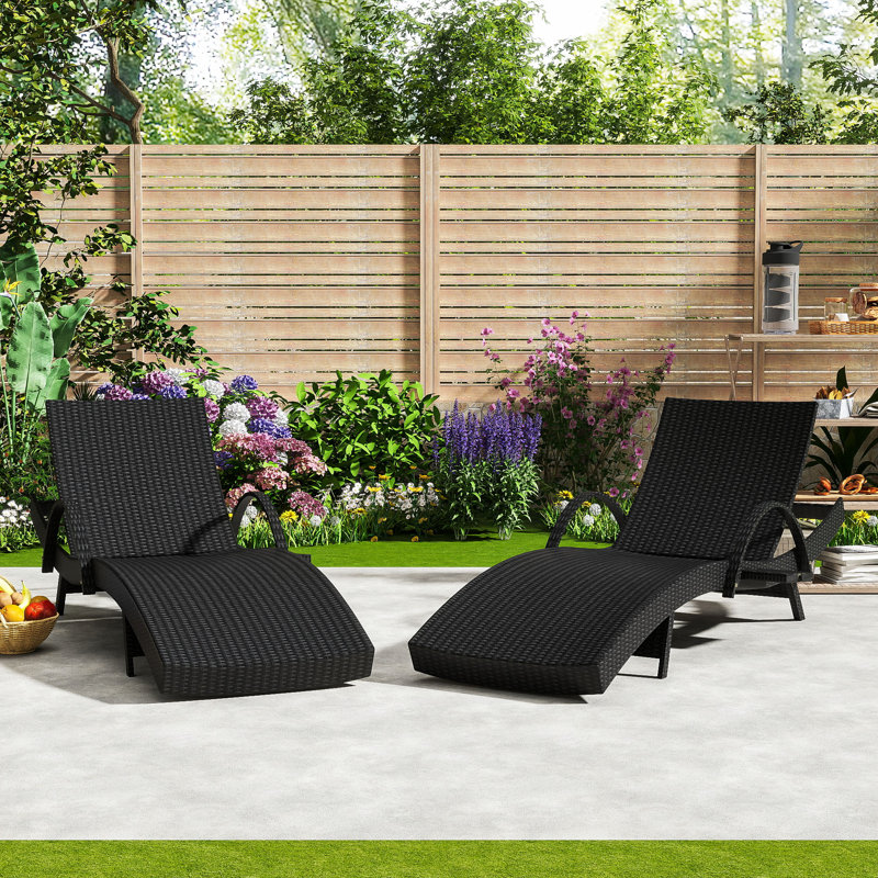 All-Weather Wicker Patio Chaise Lounge with Pull-Out Side Table and Adjustable Backrest, Black