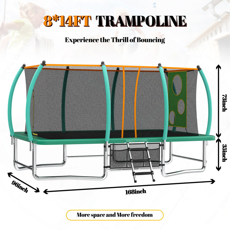 Trampoline rectangulaire extérieur 8 x 14 pi avec enceinte sécuritaire pour enfants et adultes