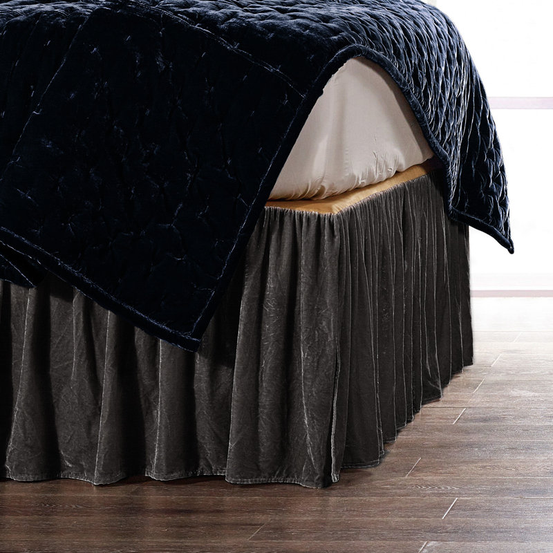Stella Solid Color Faux Silk Velvet Ruffled Romantic Western 18 inch Bed Skirt, Slate, King
