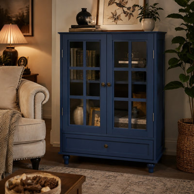 28" Modern Buffet Cabinet with Glass Doors & Drawer, Wooden Sideboard Storage Cabinet with Adjustable Shelf for Dining Room, Living Room & Entryway