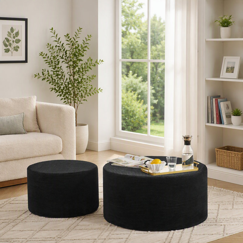 Ensemble de 2 poufs cylindriques rembourrés pour une assise et un repose-pieds flexibles, Noir