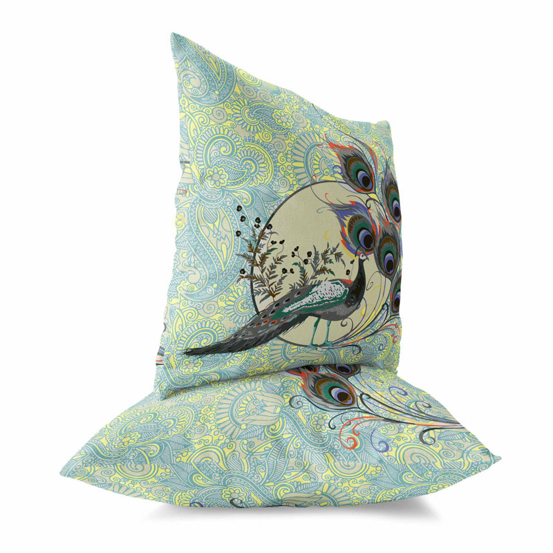 Skyblue and Yellow Paisley Peacock Faux Suede Throw Pillow