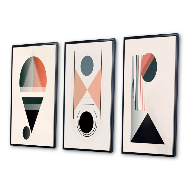 Visionary Retro Moon Geometric Minimalism - Transitional Art Set Of 3 Pieces, Cadre noir, H 40 po x l 60 po