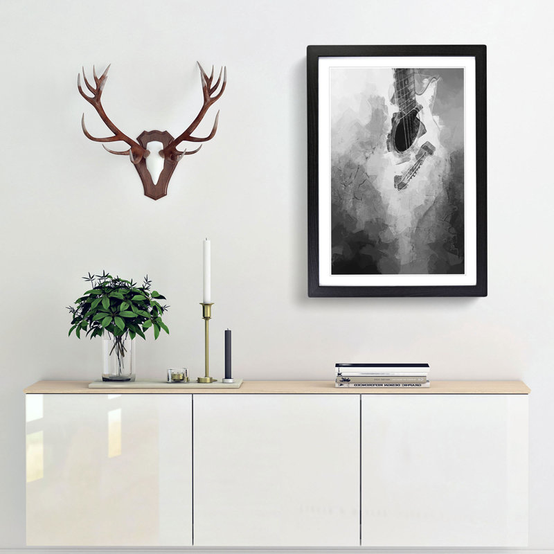 Cracked Acoustic Guitar in Abstract - Picture Frame Graphic Art Print, 65cm H x 48cm W x 2cm D, Black Framed