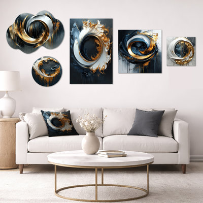 Formes abstraites et lignes noires I - ensemble d'art mural moderne surdimensionné, métal et toile encadrée 5 pièces (100 po x 40 po)