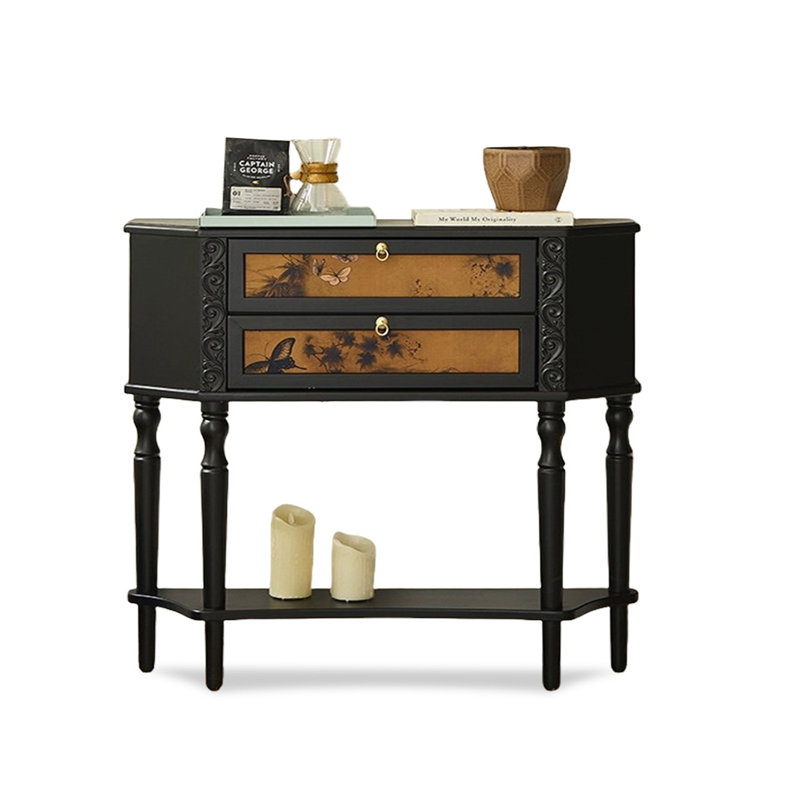 Console en bois massif noir et bois manufacturé, 35.43" H x 51.18" W x 7.87" D