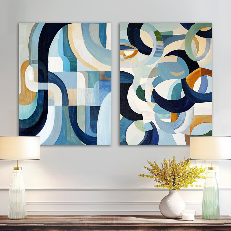Cubist Blue Reality V - géométrique, décoration murale, art abstrait moderne 2 pièces, H 32 po x l 48 po, Toile tendue