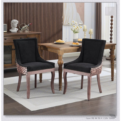 Chaise de salle à manger Ultra Side avec tissu épaissi, pieds en bois massif, tête de clou bronze, imprimé léopard, ensemble de 2