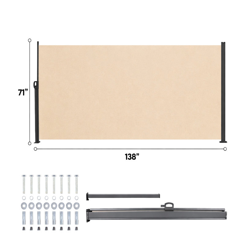 Auvent latéral 138 po x 71 po, beige, rétractable manuellement, imperméable, idéal pour le porche - matériau, métal rétractable gris rouille, protection, écran d'intimité intérieur et extérieur, structure rouille