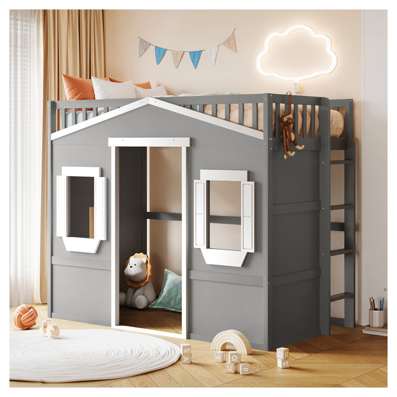 Lit mezzanine simple avec échelle, structure en bois massif blanc et gris