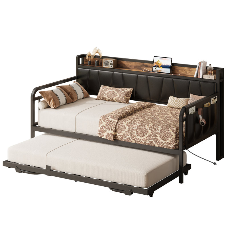 Bed Frame With Storage Headboard And Charging Station, Black, Twin