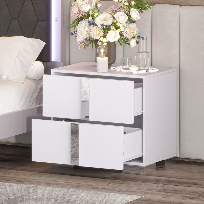 Table de chevet élégante, poignée en métal, miroir, 2 tiroirs, Blanc