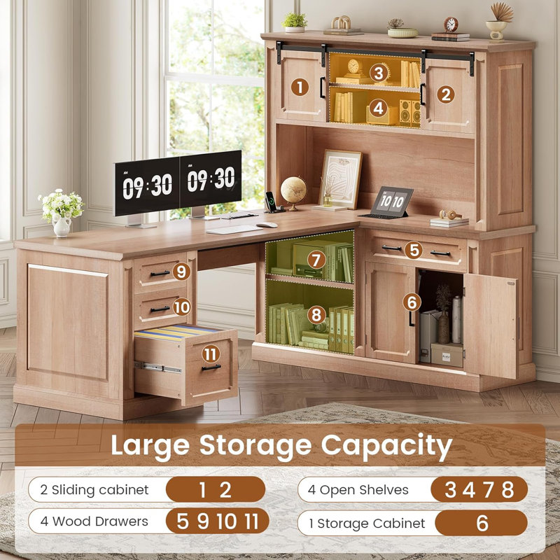 Farmhouse L Shaped Desk With Hutch, 67" Executive Home Office Desks With 4 Drawers, Oak