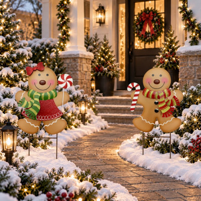 Piquets de jardin de Noël en métal, 2 pièces, 27 pouces, représentant un garçon et une fille en pain d'épices