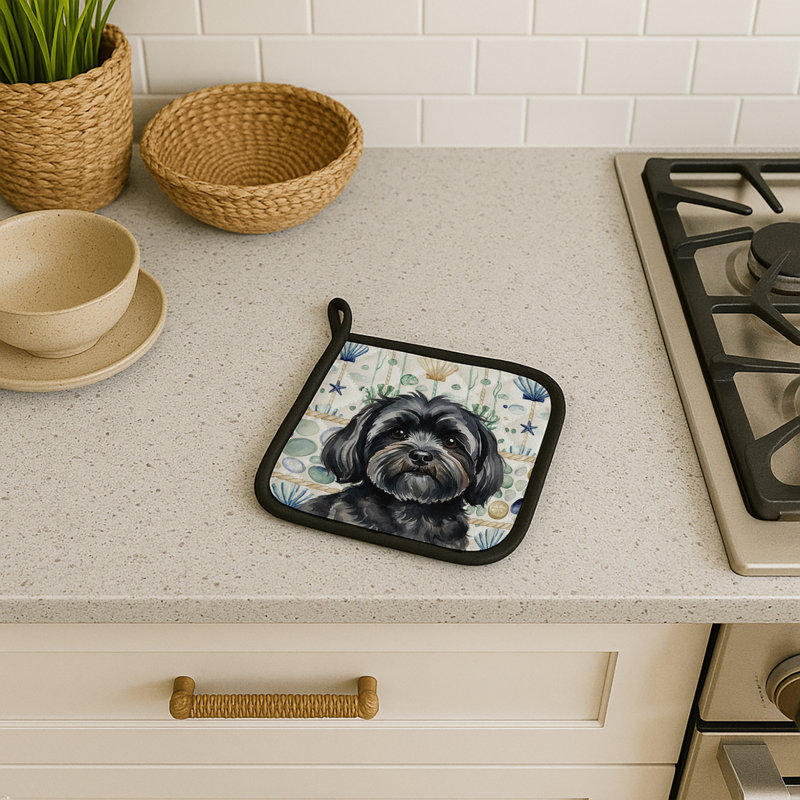 Black Lhasa Apso Coastal Sea Glass Pair of Pot Holders