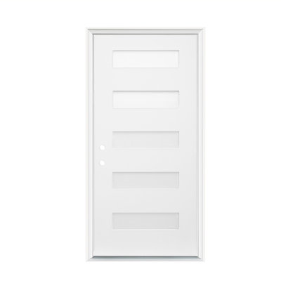 36" X 80" White Fiberglass Front Entry Door With 5-lite Frosted Glass