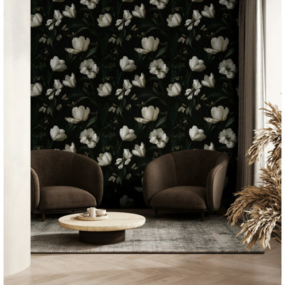 Dark Floral Wallpaper | Vintage White Flower Wall Mural | Elegant Botanical Peel and Stick Decor