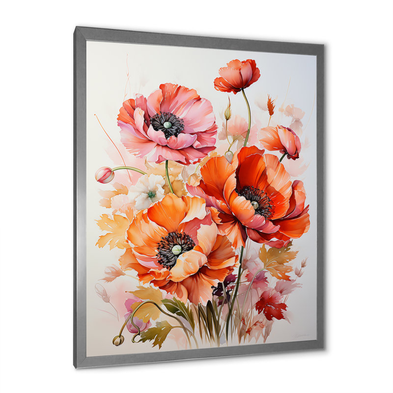 «Poppies Bouquet Sunset Moment I», reproduction d'art sur toile, Cadre simple argenté, H 32 po x l 16 po x P 1 po