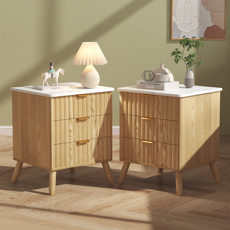 Crenurel 3 - Drawer Nightstand with Solid Wood Legs (Set of 2), Natural