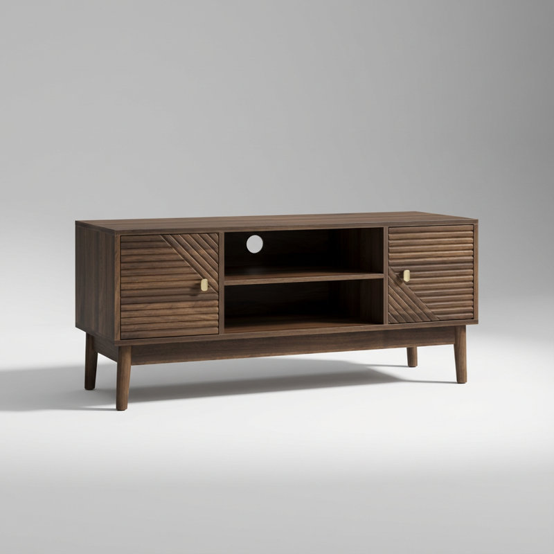 Meuble télé Mid-Century avec rangement et gestion des câbles, console média pour le salon et la chambre à coucher, finition noyer
