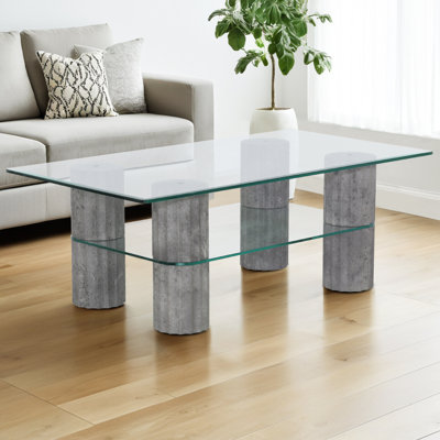 Table basse rectangulaire de l 44 po x P 24 po avec plateau en verre trempé, pieds élégants Roma