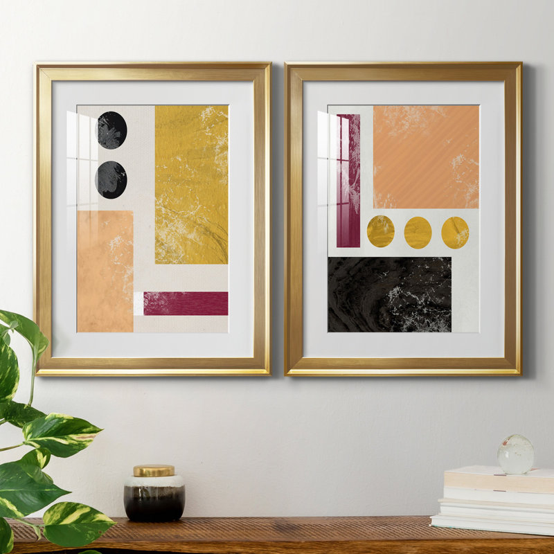 Essie Abstract I - Ensemble de 2 reproductions d'art, Blanc, Papier encadré doré, H 22,5 po x l 61 po x P 1,5 po