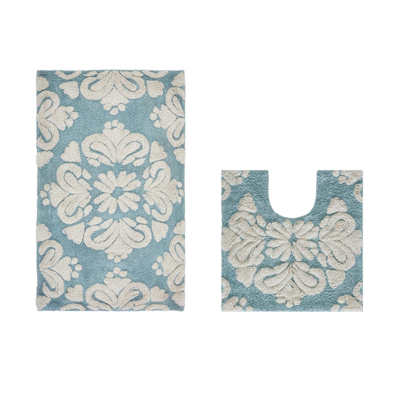 Ensemble de tapis de bain 2 pièces 100% coton 1885 GSM Danitra Premium, certifié OEKO-TEX®, envers en latex antidérapant, tapis de bain touffeté moelleux et tapis de contour pour la toilette, la douche et la baignoire, super absorbant, lavable à la machine, bleu