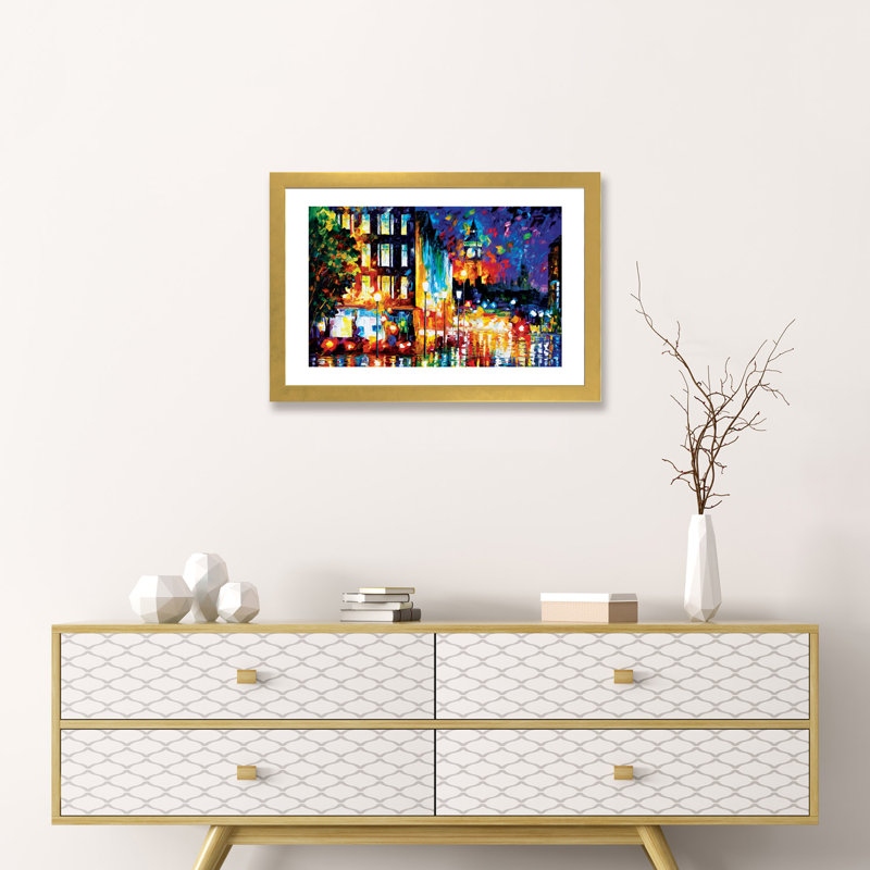 «London's Lights» par Leonid Afremov, reproduction d'art sur toile tendue, H 16 po x l 24 po x P 1 po, Papier encadré doré