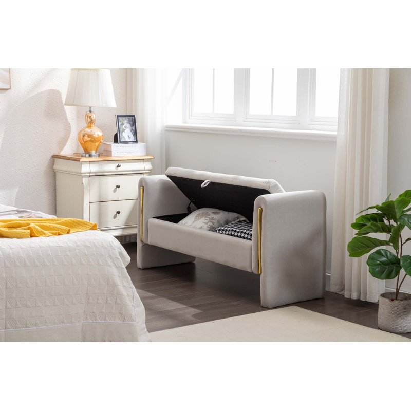 Banc de rangement rembourré Ferreri, Velours gris clair, H 24,6 po x l 53,1 po x P 17,7 po