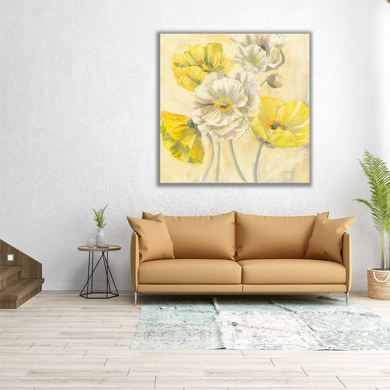 «Gold and White Contemporary Poppies I», reproduction d'art sur toile, H 12 po x l 12 po