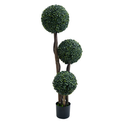 Realistic Triple Ball Artificial Boxwood Topiary Tree - 45 Inch Faux Shrubs Plant for Indoor & Outdoor Decor, Potted Milan Grass Ball - Dark Green, Three-ball 45in