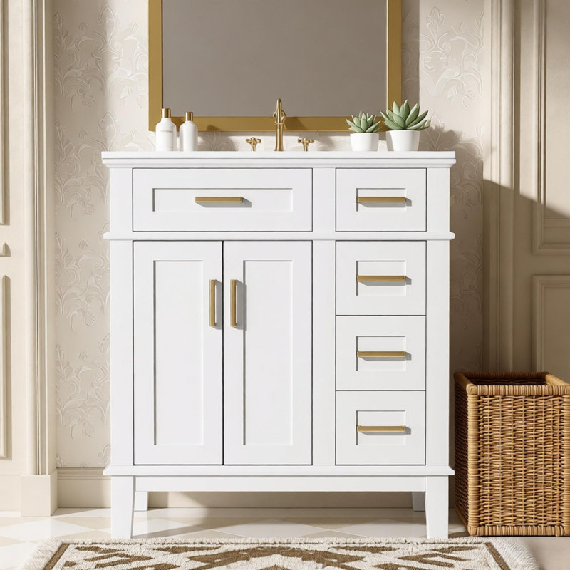 Meuble-lavabo 30 po avec lavabo en céramique, armoire de rangement moderne avec portes à fermeture en douceur, Blanc