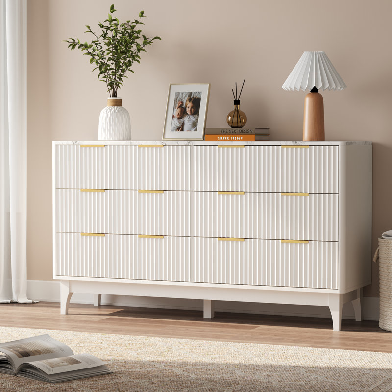 6 Drawer 54" W  Modern Fluted Dresser, White