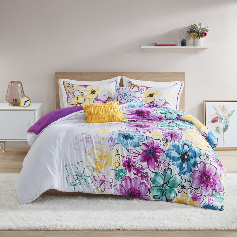 Olivia Floral Comforter Set, Teal, King/Cal.King Comforter +2 Shams + 2 Throw Pillows
