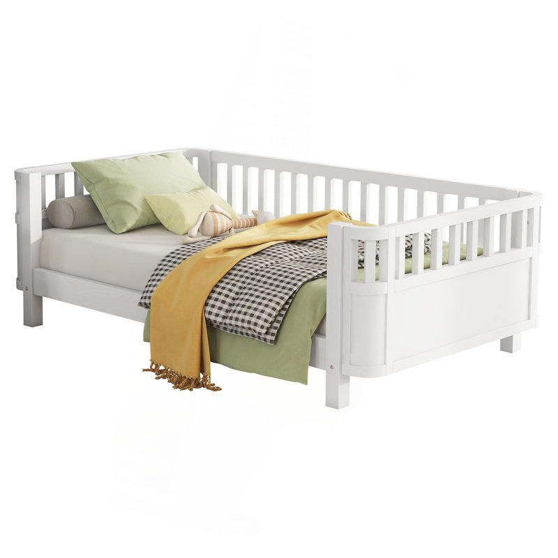 Lit plateforme simple en bois pour enfants, lit simple en bois à profil bas avec rails pour filles et garçons, blanc (conception brevetée)