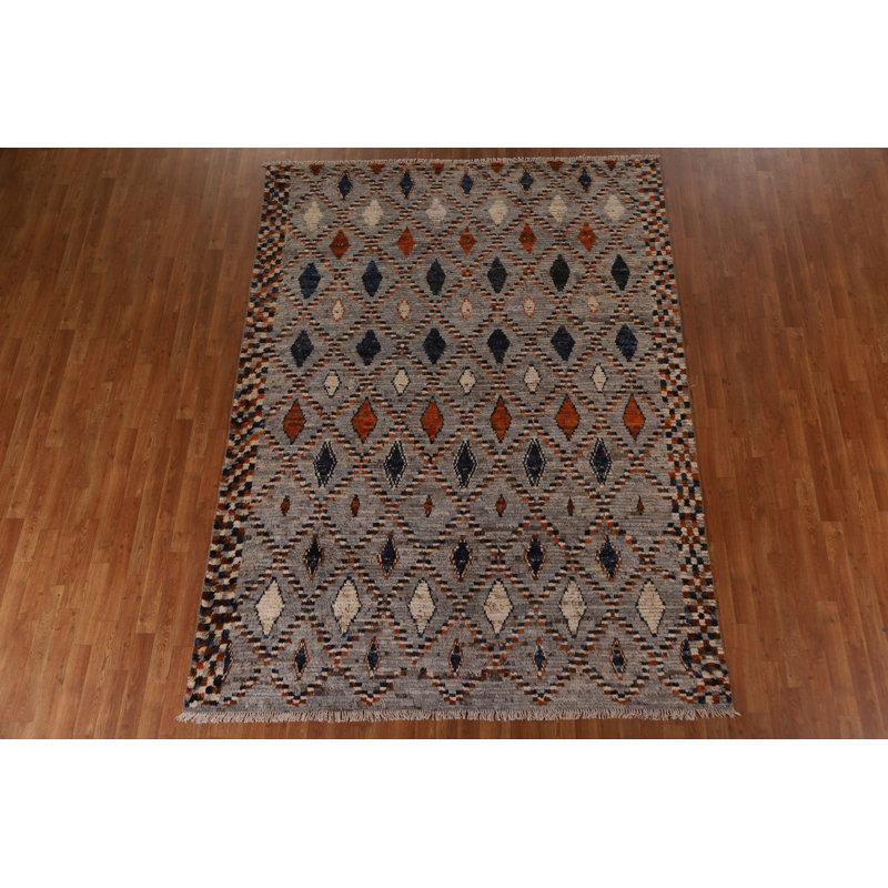Tapis gris en laine noué à la main de conception unique 7 pi x 9 pi 6 po New Age