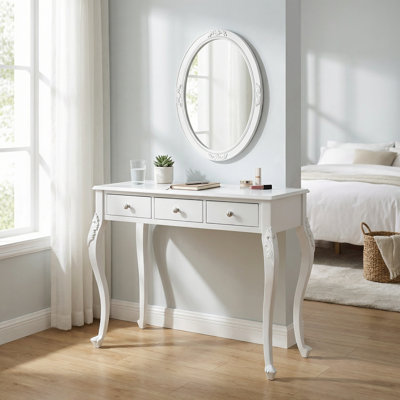 Elegant Oval Mirror Vanity Desk with Three Drawers for Jewelry and Makeup Storage, Stylish Dressing Table for Bedroom, Living Room, or Entryway Decor