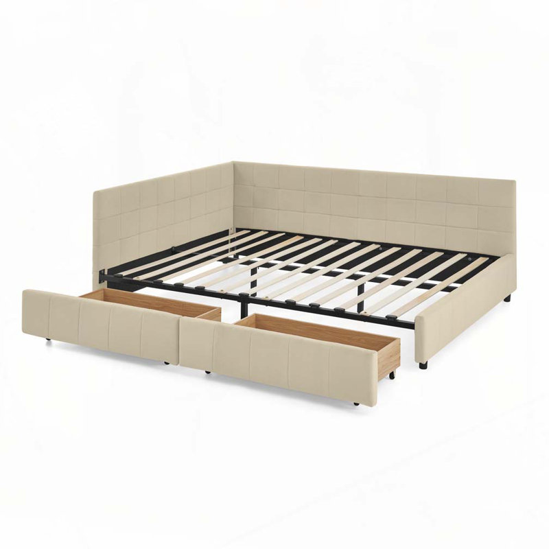 Lit de jour en velours avec rangement, Beige, Grand lit