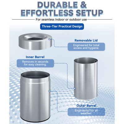 19 Gallon Stainless Steel Trash Can, Open Top Commercial Waste Bin for Indoor/Outdoor, Extra Large Round Metal Garbage Bin for Office, Restaurant, Restroom