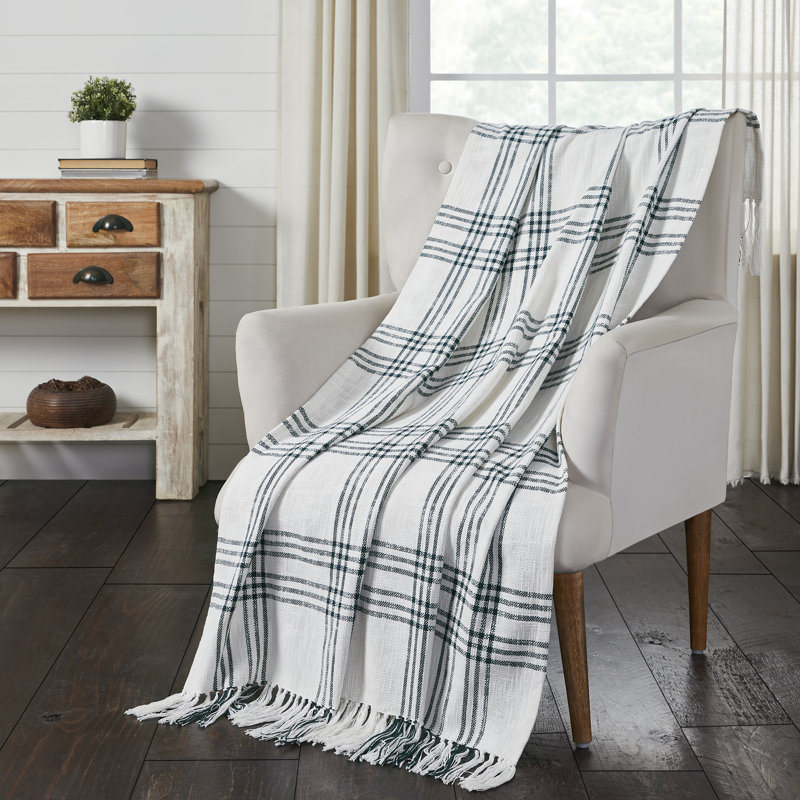 Pine Green and White Cotton Plaid Throw Blanket with Tassels