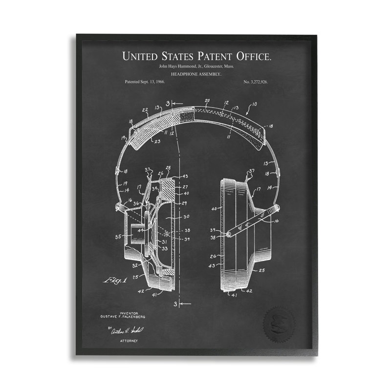 Schéma détaillé d'écouteurs de musique, L 24 po x H 24 po, Giclée encadrée noir minuit