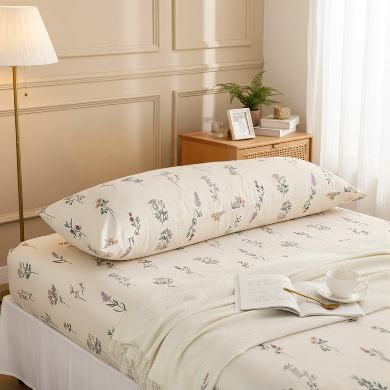 Taie d'oreiller pour corps 100% coton, housse de coussin 1 pièce à motif floral crème, ensemble de taies d'oreiller à fermeture douce et respirante (corps, 20 po x 54 po)