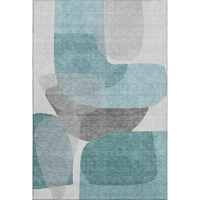 Premium Machine Washable Mayfield AMF2121 Blocks Rug, Teal, 8' x 10'