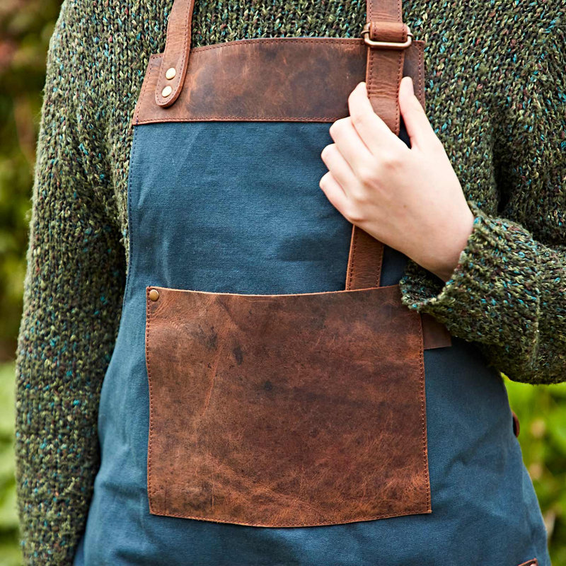 Canvas and Buffalo Leather Apron, Brown/Blue