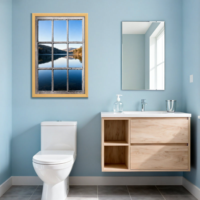 Landscape & Nature Lake Reflection Mountain Sky Wood Frame Window View Nature Scene, 24" H x 16" W, Wrapped Canvas