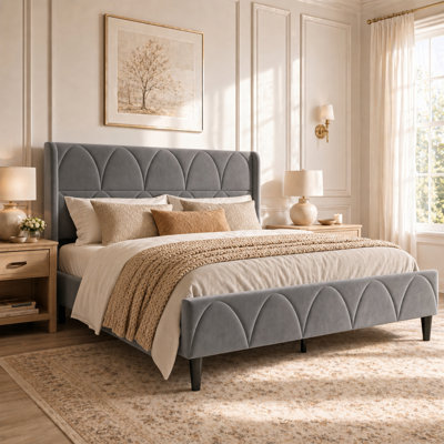 Velvet Upholstered Bed with Wingback Headboard