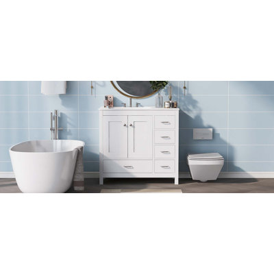 Meuble-lavabo de salle de bain avec lavabo en céramique, 2 portes à fermeture douce et 5 tiroirs