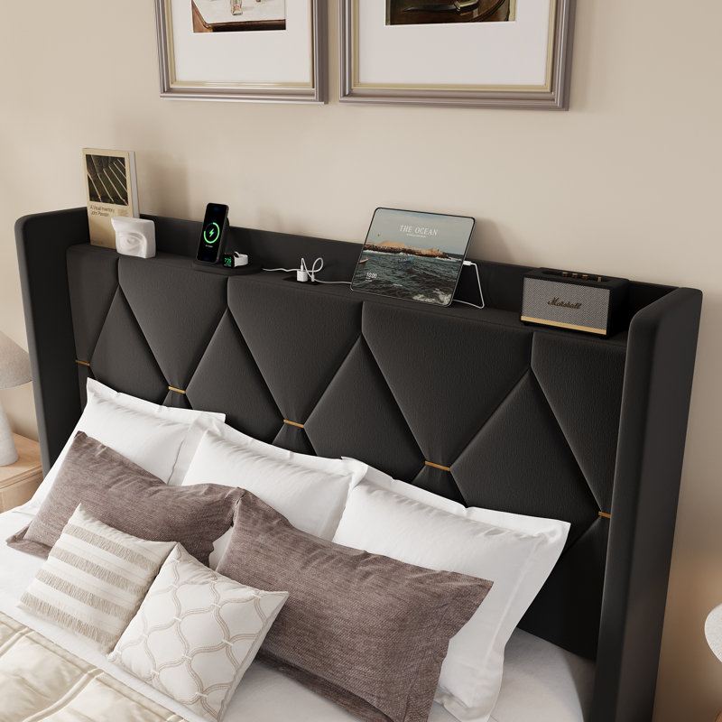 Lit tapissier moderne en velours capitonné avec station de charge et tablette de rangement, aucun sommier nécessaire, Noir