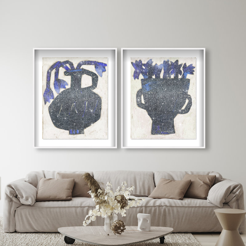 Indigo Vases Set Shadowbox Floral & Botanical Print by Oliver Gal, Black Frame, 16 x 20, 51"H x 43"W, White Shadowbox